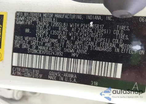 2013 Toyota Highlander Plus/Se из США, поврежденный, VIN 5TDBK3EH7DS243892